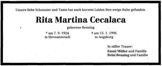 Benning Rita Martina 1924-1996 Todesanzeige